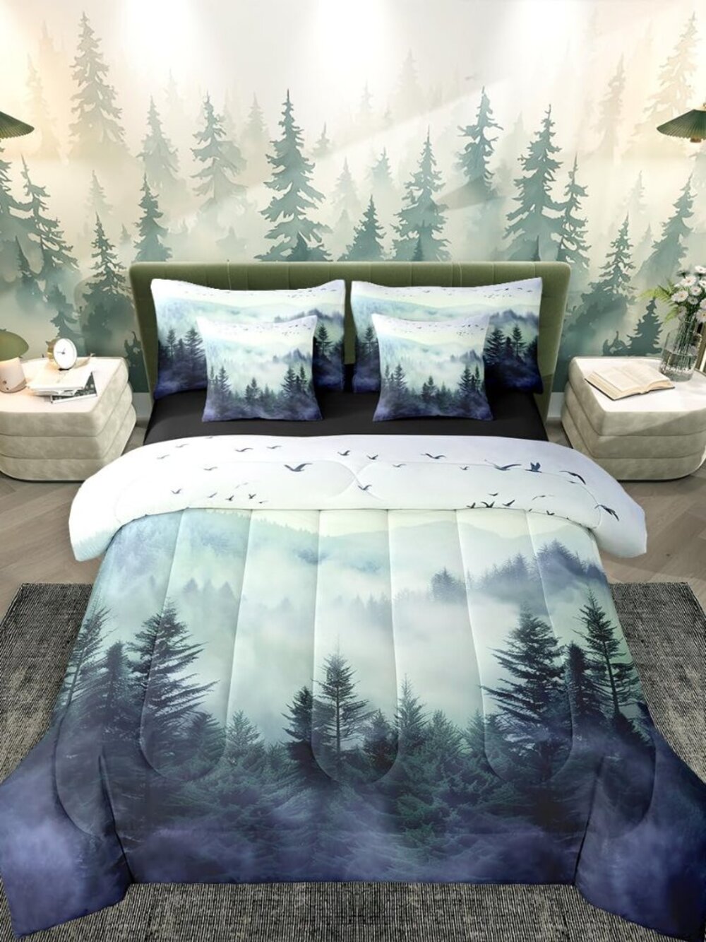 Blue Green Mountain 7 Pcs Bedding Set Nature Forest Comforter Set With Sheets Na